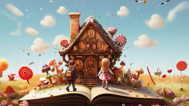 An illustrated image that shows a young boy and girl walking up to a house made of gingerbread. The house sits on top of the pages of an open book. The sky is blue and birds are flying in the distance, surrounding the house is a wood where the trees are made of lollipops and other candy items.